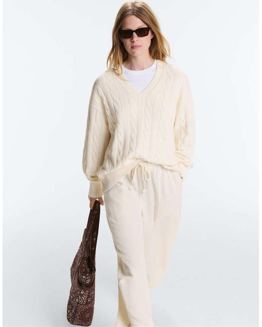 Oysho Natural 100% Cotton Cable Knit V-neck Jumper