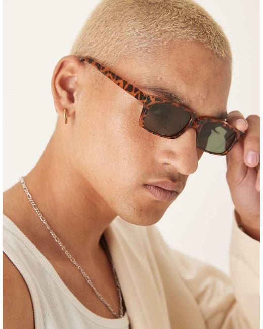 ASOS Natural Rectangle Sunglasses With Green Smoke Lens And Tortoiseshell Frame for men