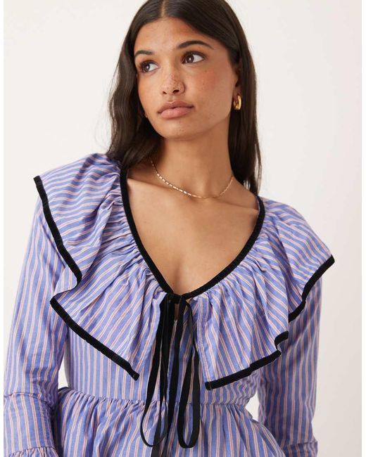 ASOS Purple V Neck Mini Smock Dress With Tie Bust And Contrast Velvet Trim