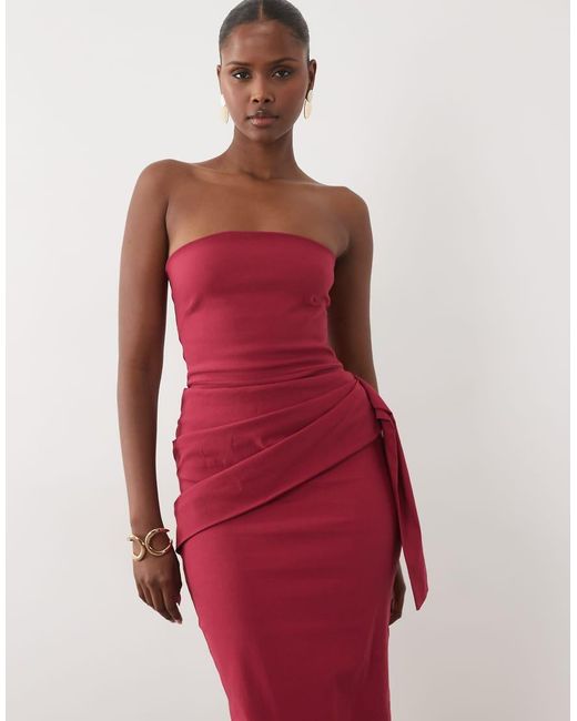 Vesper Red Bengaline Bandeau Drape Front Detail Maxi Dress