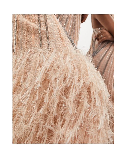 ASOS Brown Embellished V Neck Cami Midi Dress With Faux Feather Hem
