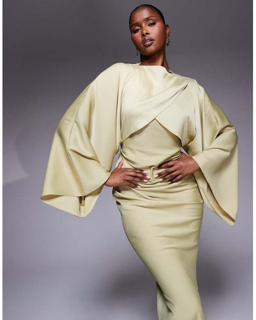 ASOS Green Wrap Front Batwing Satin Bias Maxi Dress