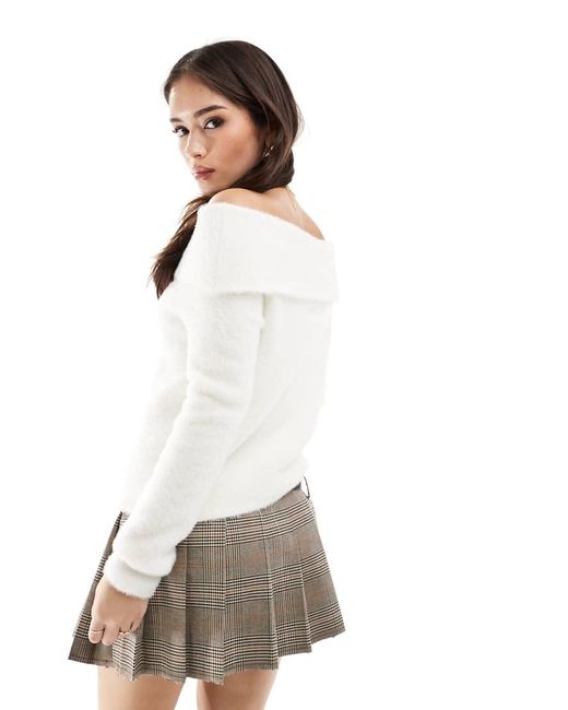 Style Cheat White Fluffy Knit Bardot Jumper