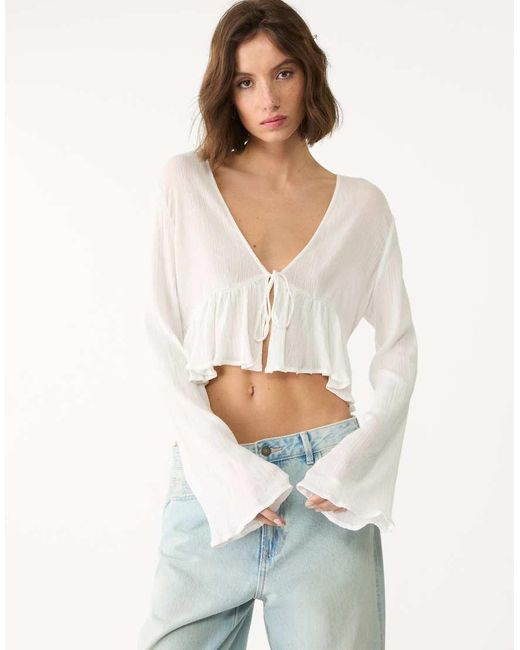 Stradivarius White Ruffled Shirt With Tie Detail