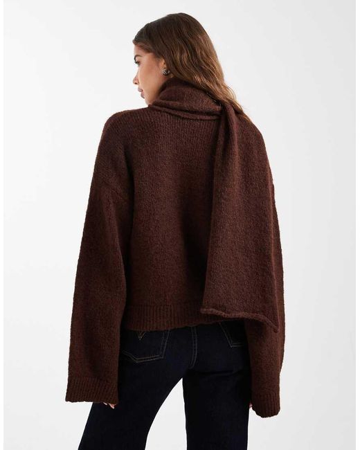 ASOS Brown Knitted Jumper With Attached Scarf With Wool