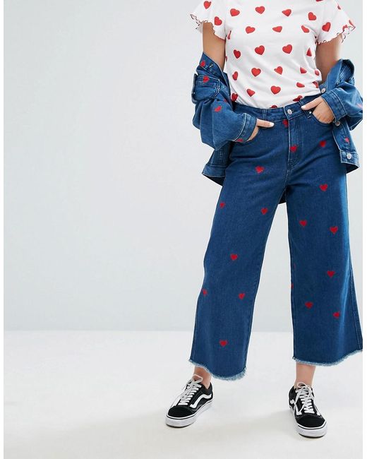 Lazy Oaf Wide Leg Denim Love Jeans With All Over Hearts Co-ord in Blue |  Lyst Canada
