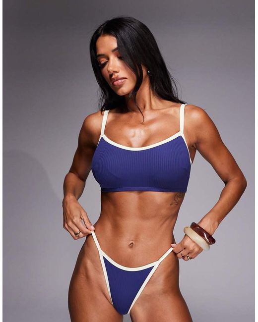ASOS Blue Fuller Bust Ronnie Ribbed Contrast Binding Hidden Underwire Crop Bikini Top