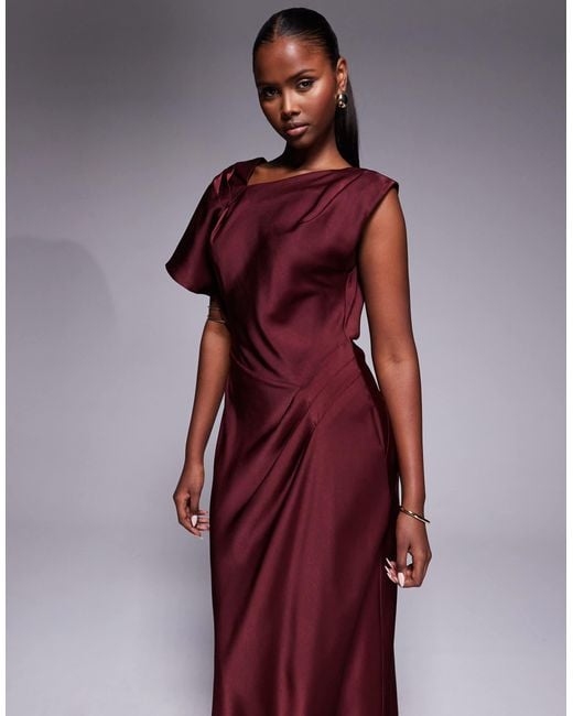 ASOS Purple Satin Asymmetric Neckline Maxi Dress With Pleat Shoulder And Skirt Detail