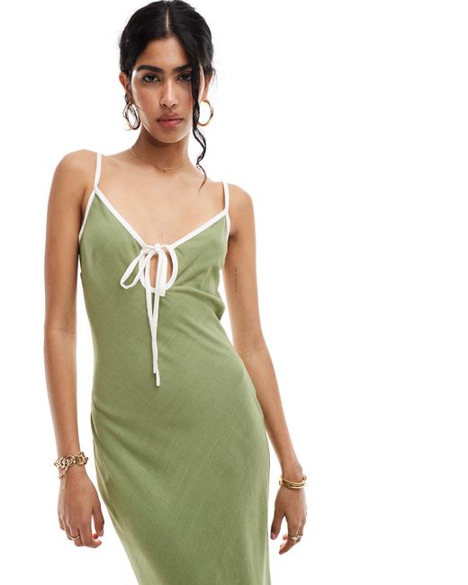 ASOS Green Linen Slip Dress With Contrast Binding