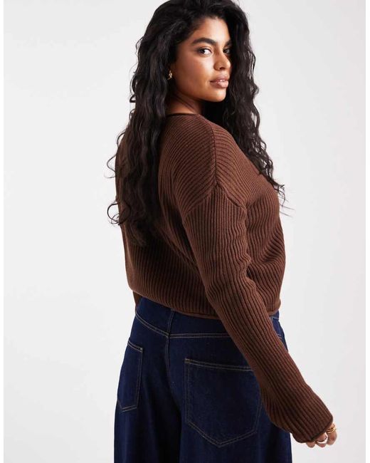 ASOS Brown Asos Design Curve Crew Neck Boxy Rib Jumper With Rolled Edge