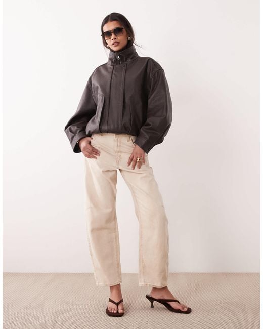 Mango Brown Capsule 100% Leather Funnel Neck Jacket