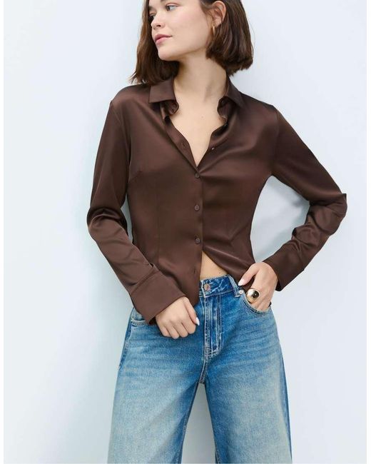 Stradivarius Brown Fitted Satin Shirt
