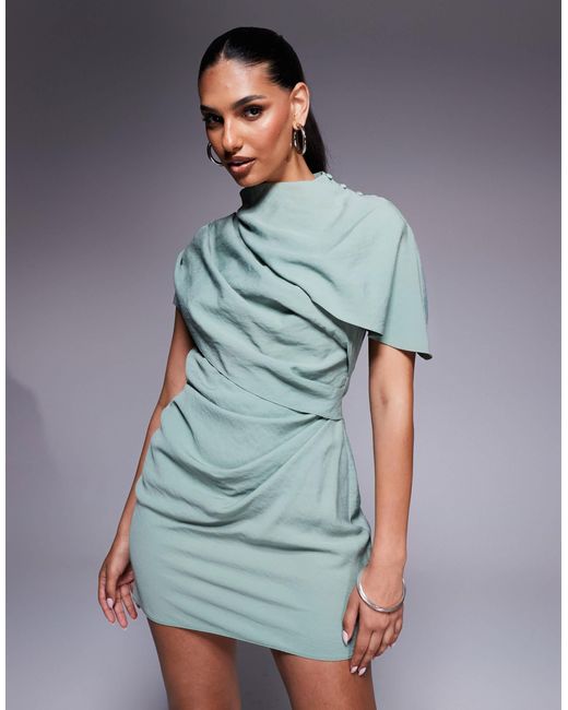 Robe courte à col montant avec corsage style cape et dos ou - sauge ASOS en coloris Blue