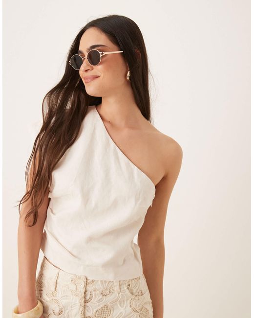 Mango Natural One Shoulder Cinched Waist Top