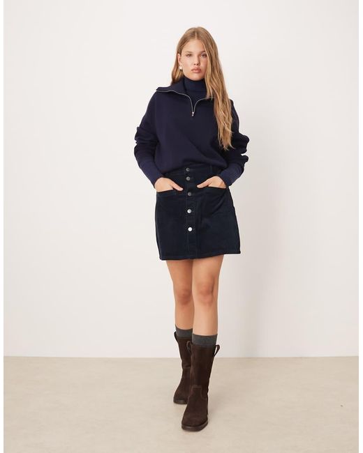 Jdy Blue Cord Button Through Mini Skirt