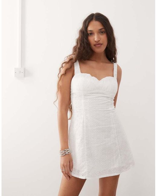 Lioness White Olsen Cotton Eyelet Gathered Bust Detail Strappy Mini Dress