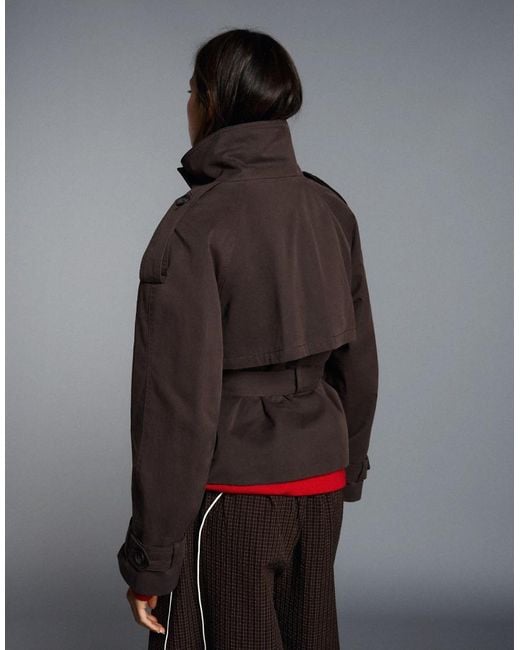 Bershka Brown Funnel Neck Trench Jacket