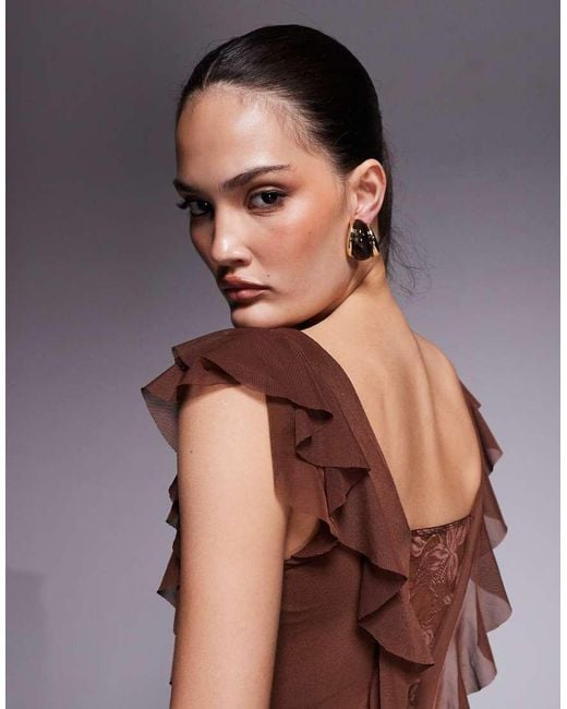 AFRM Brown Trista Lace Insert Ruffle Maxi Dress