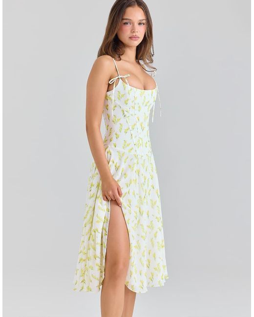 House Of Cb White Yvette Lemon Floral Print Georgette Midi Dress