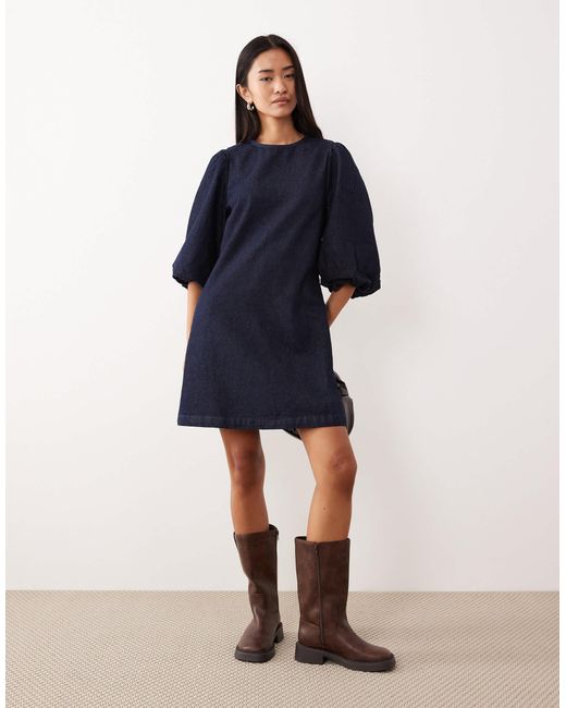 ASOS Denim Mini Dress With Puff Sleeve Detail in Blue