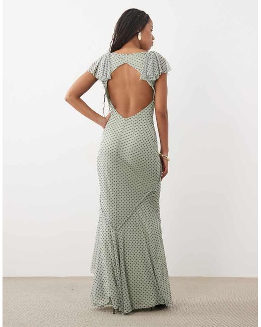 ASOS White Printed Mesh Ruffle Maxi Dress With Open Back