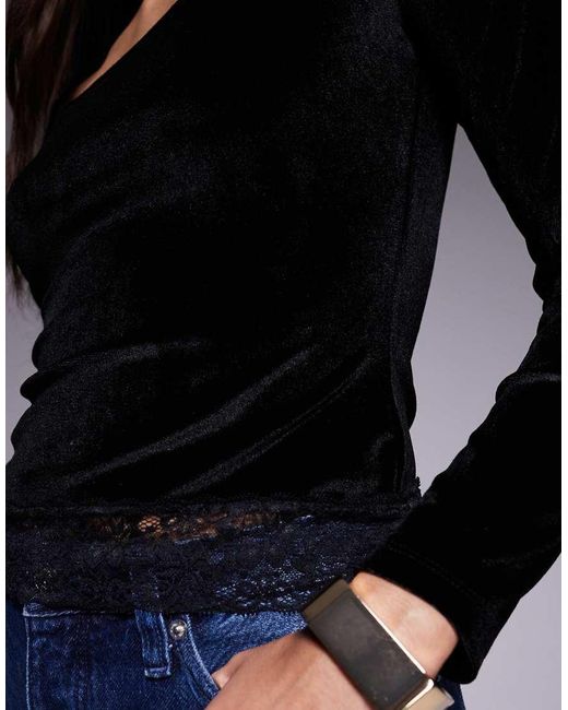 ASOS Blue Velvet Cord Scoop Neck Top With Lace Trim Hem Detail
