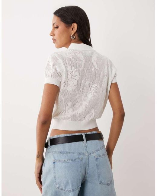 ASOS White Floral Open Knit Short Sleeve Zip Polo
