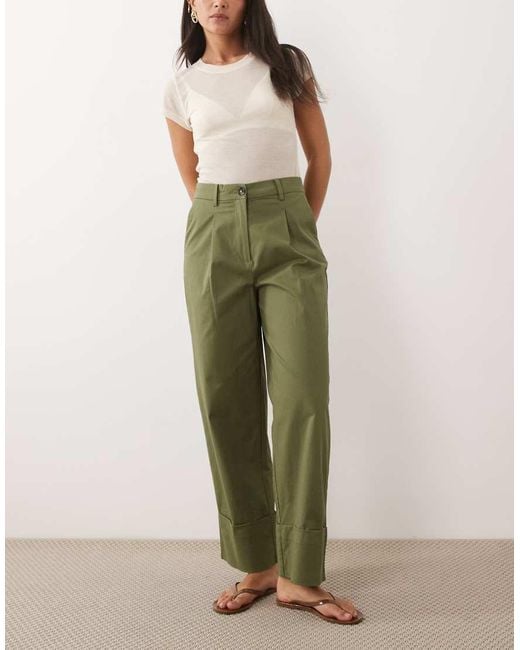 Vila Green High Waisted Turn Up Hem Canvas Trousers