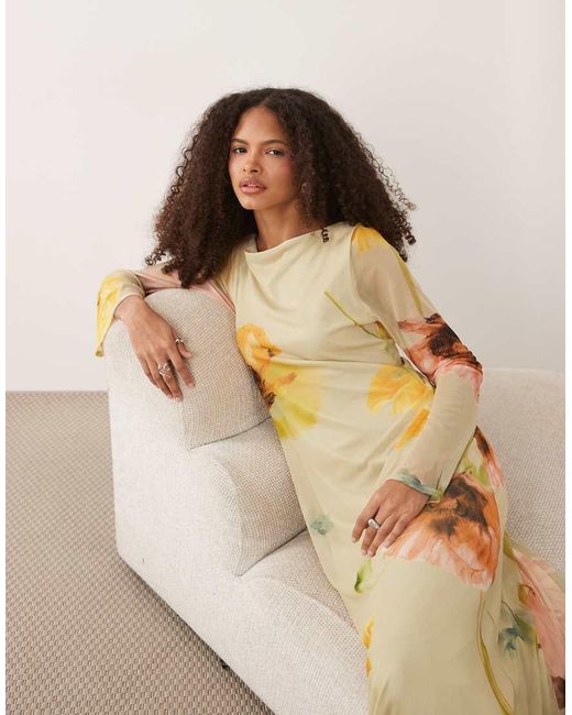 ASOS Natural Long Angel Sleeve Mesh Maxi Dress