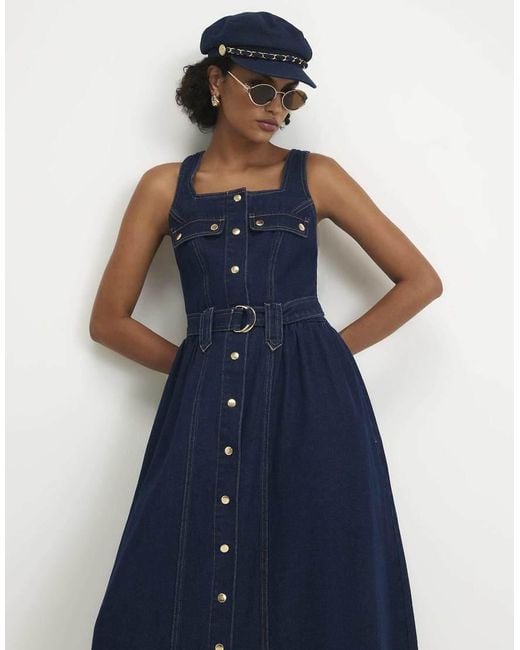 River Island Blue Denim Belted Pocket Longline Midi Dress