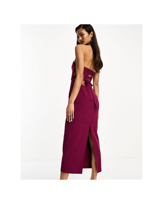 ASOS Red Pleat Bandeau Midi Dress With Lace Up Back Detail