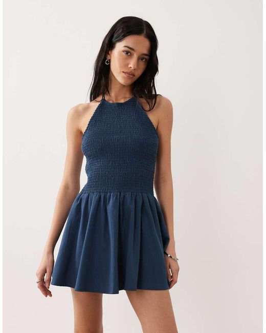 esmé studios Blue Shirred Detail Halter Mini Beach Dress