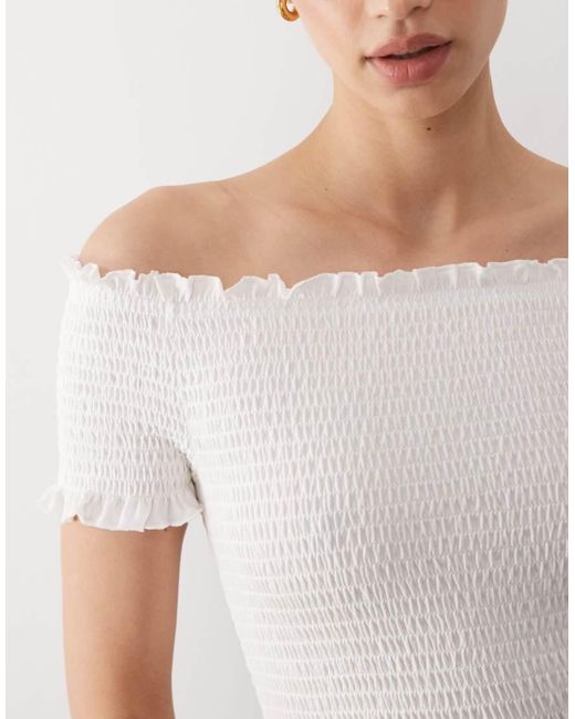 Mango White Teen Shirred Off Shoulder Top