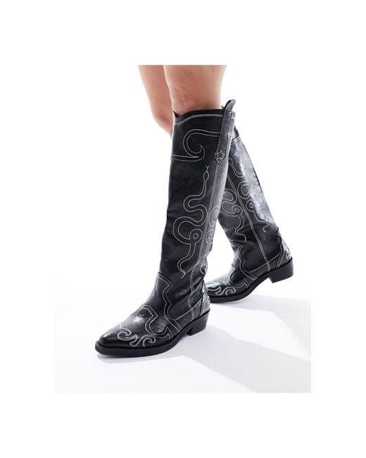 Public Desire Black Serpentine Western Boot With Embroidery
