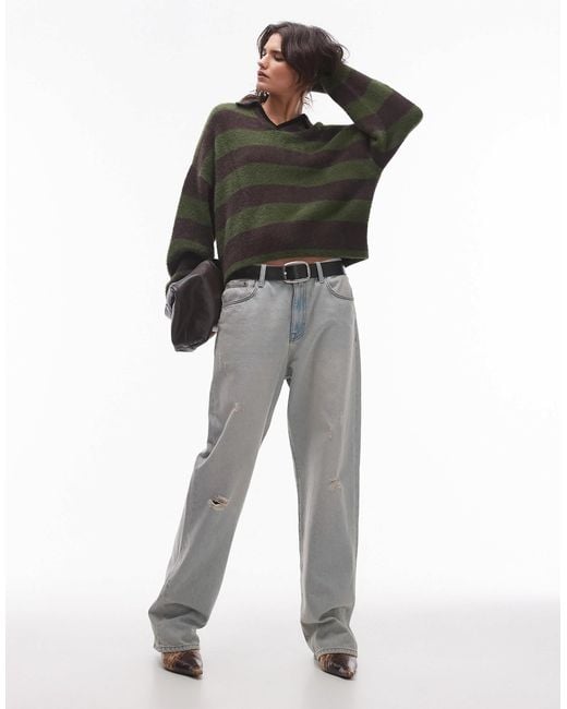 TOPSHOP Black – lockeres flauschiges strick-poloshirt mit streifen