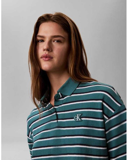 Calvin Klein Blue Cropped Pique Striped Polo Top