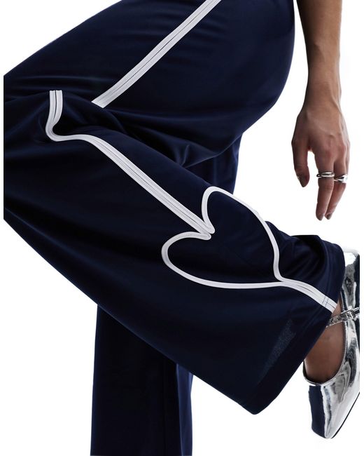Monki Blue Heart Stripe Straight Leg Track Pant Trouser