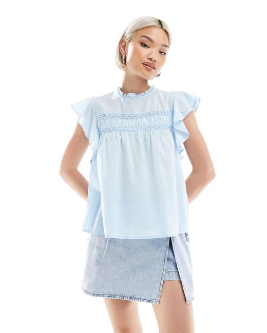 Vero Moda Blue High Neck Flutter Sleeved Embroidered Top