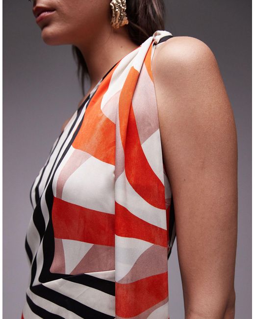 TOPSHOP Red – premium – drapiertes midikleid mit one-shoulder-träger und auffälligem print