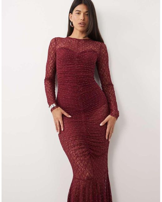 Ruched & Ready Red Lace Hotfix Ruched Front Fishtail Hem Maxi Dress
