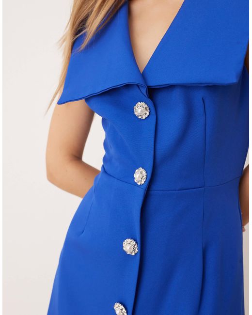 Sister Jane Blue Open Collar Diamonte Button Midi Dress