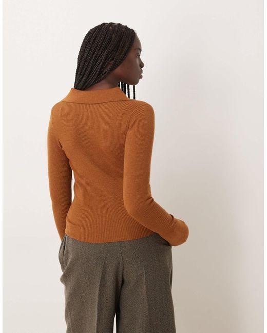 Mango Brown Polo Top With Flared Sleeves