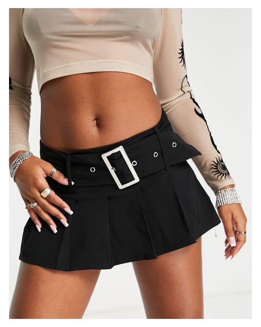 Collusion Black Belted Micro Mini Skirt With Pleats