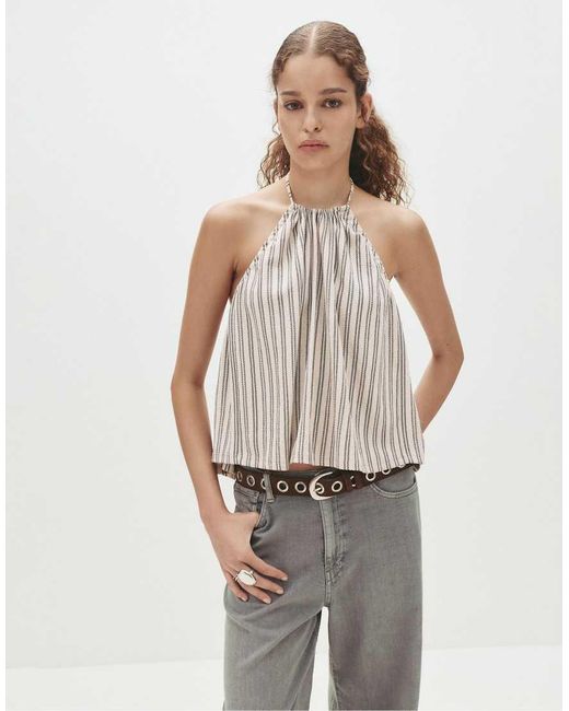 Pull&Bear Gestreepte Top Met Halternek in het Natural