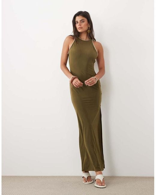ASOS Green Racer Neck Maxi Dress With Trim Detailing