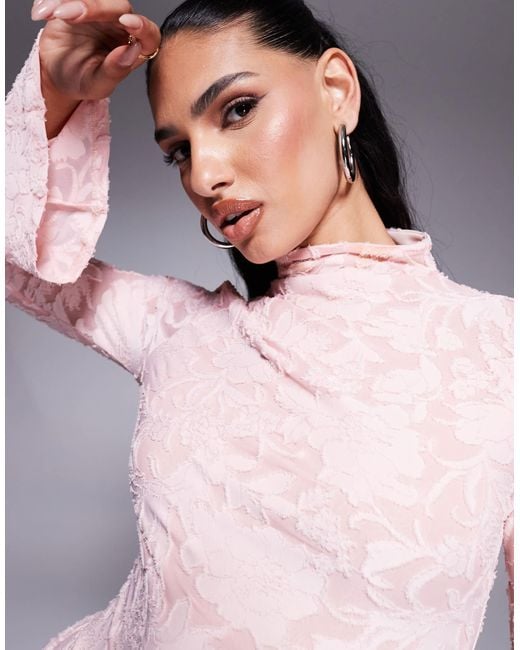 ASOS Pink High Neck With Flutter Full Length Sleeves And Godet Inserts Devore Mini Dress
