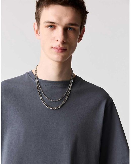 Pull&Bear Blue Basic Short Sleeve Cotton T-Shirt for men