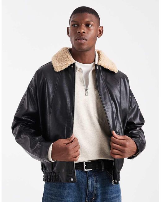 Chaqueta De Aviador Negra Con Solapas De Borreguito De ASOS de hombre de color Black