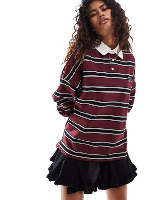 Minga Red London Striped Relaxed Rugby Polo Shirt-purple