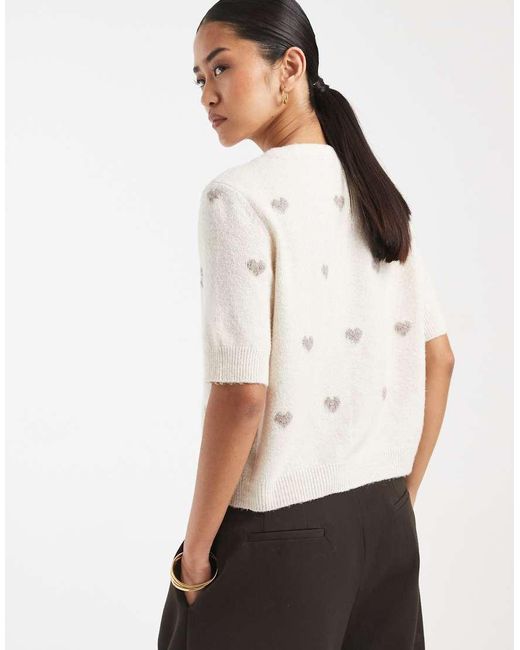 Vero Moda White Round Neck Knitted Short Sleeve Cardigan With Heart Jacquard Print